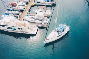 Sailboat manouevring in marina, tight quarters manouevring, docking