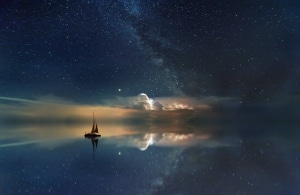 Night sailing, starry skies, milky way, reflection